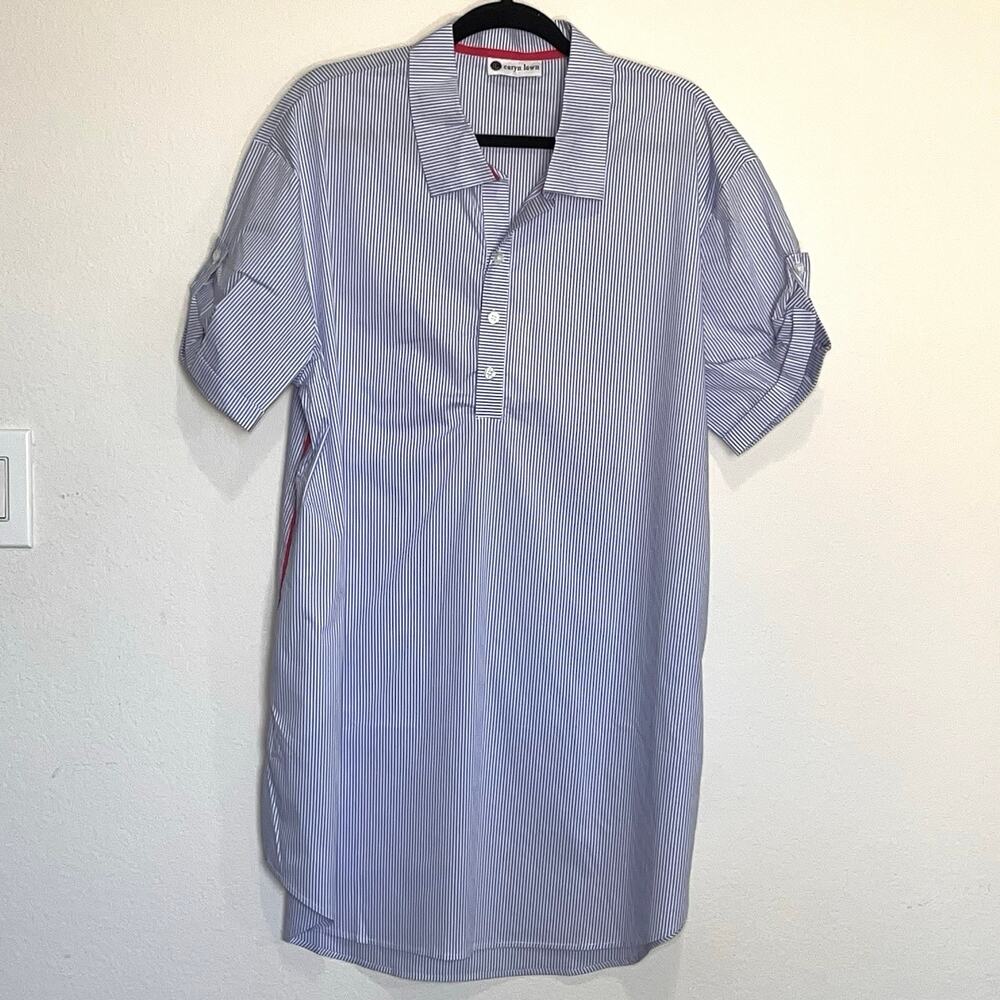 CARYN LAWN Jackie Dress Size OSFM Blue Stripe Pink Trim Long Sleeve Pockets NWT